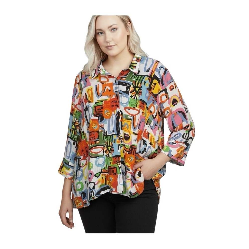 Ali Miles Tunic Shirt Top Size 2X Button Up Abstract Print Artsy Lagenlook